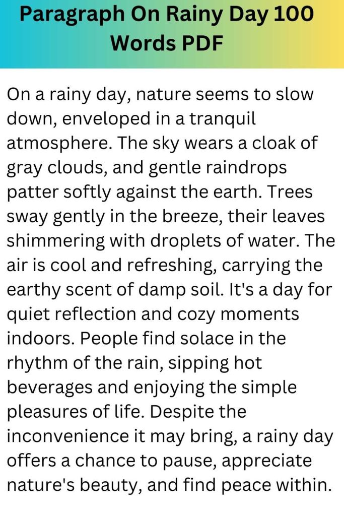 Paragraph On Rainy Day 100 Words PDF